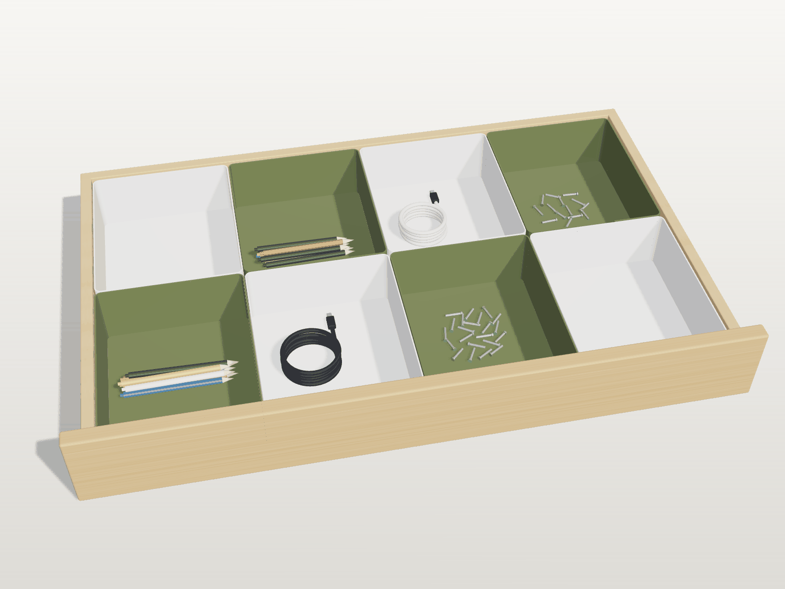 FabParts Einsatzboxen in Dark Green und Ivory White in einer Schublade mit 72 x 43 cm Innenmaß, passend für MALM-Schubladen 80 cm