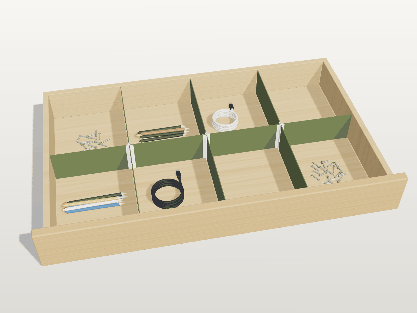 FabParts Trennsteg-Set in Dark Green und Ivory White teilt eine Schublade mit 72 x 43 cm Innenmaß in acht Fächer, passend für MALM-Schubladen 80 cm